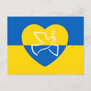 Ukraine flag, blue and yellow heart peace dove postcard