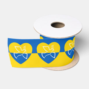 Ukraine flag, blue and yellow heart peace dove satin ribbon