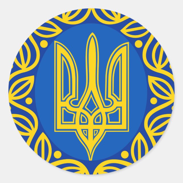 Ukraine, Flag, Coat of Arms, Ukrainian Tryzub Classic Round Sticker (Front)