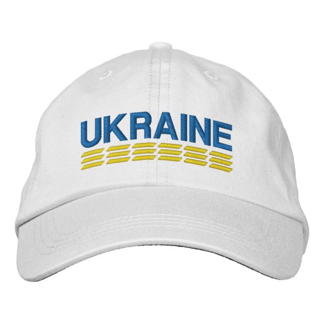UKRAINE Flag Colours Blue and Yellow on White Embroidered Hat (Front)