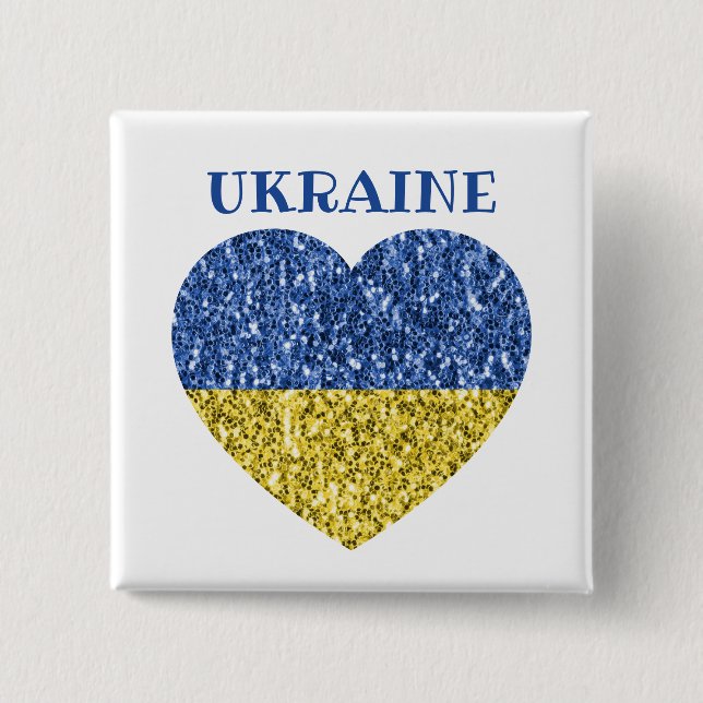 Ukraine flag glitter faux sparkles Heart with text 2 Inch Square Button (Front)