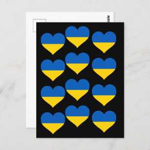 Ukraine Flag Hearts on a Black Postcard