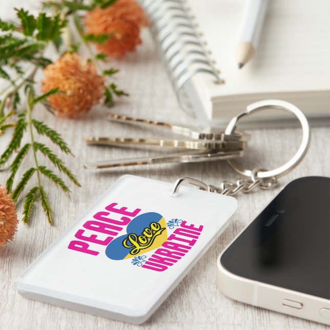 Ukraine Flag Inspired Peace Love Keychain (Front Right)