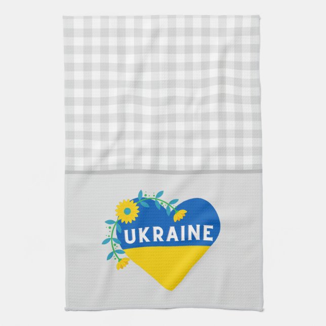 Ukraine Flower Heart Grey Gingham Kitchen Towel (Vertical)