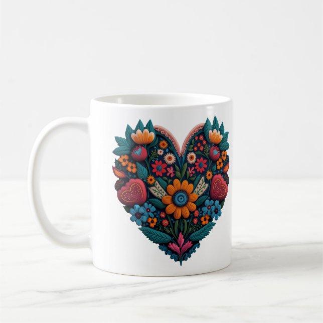 Ukraine-Inspired Heart of Flowers Coffee Mug (Left)