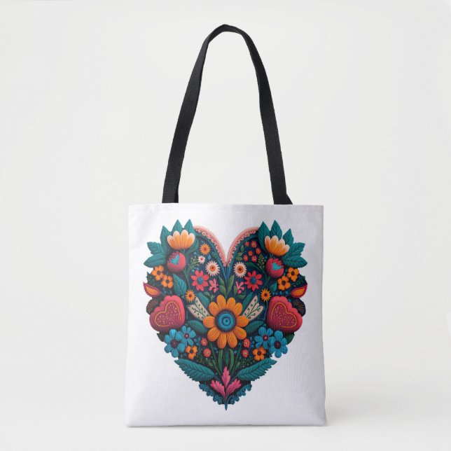 Ukraine-Inspired Heart of Flowers Tote Bag (Front)