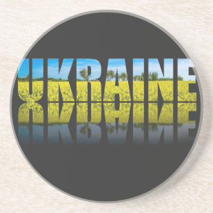 Ukraine label with blue sky and yellow coaster