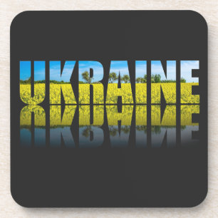Ukraine label with blue sky and yellow coaster