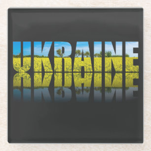 Ukraine label with blue sky and yellow glass coaster