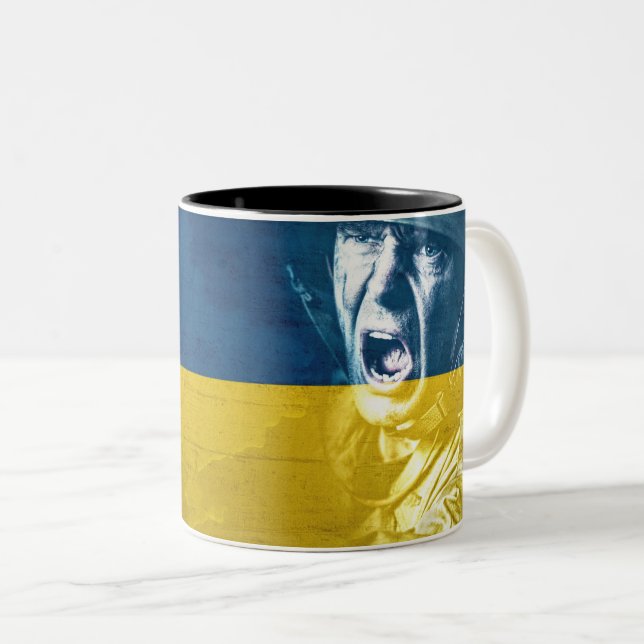 Ukraine Peace Soldier at War Two-Tone Coffee Mug (Front Right)