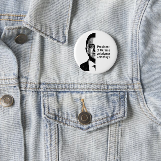 Ukraine President Zelenskyy Half Portrait B&W 2 Inch Round Button (In Situ)