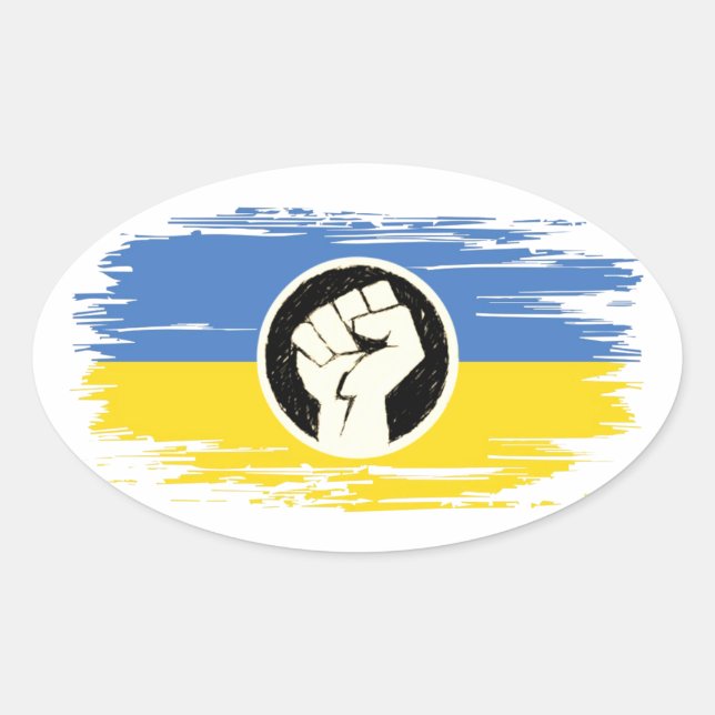 Ukraine solidarity blue yellow flag raised fist oval sticker (Front)