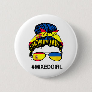 Ukraine Spain Flag Ukrainian Spanish Messy Bun  2 Inch Round Button
