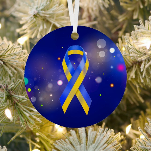 Ukraine support blue yellow awareness ribbon metal ornament (Insitu)