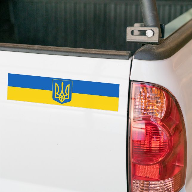 Ukraine Trident on Yellow and Blue Flag Bumper Sticker (On Truck)