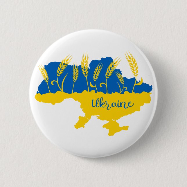 Ukraine typography and wheat ear on Ukrainian flag 2 Inch Round Button (Front)