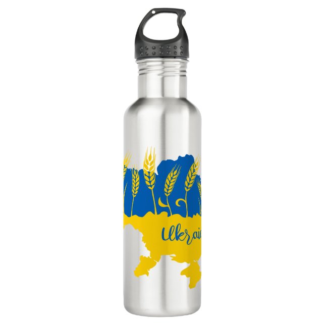 Ukraine typography and wheat ear on Ukrainian flag 710 Ml Water Bottle (Front)