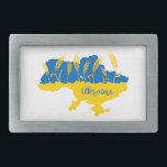 Ukraine typography and wheat ear on Ukrainian flag Belt Buckle<br><div class="desc">Map of Ukraine decorated with wheat ears in Ukrainian flag colours yellow and blue</div>
