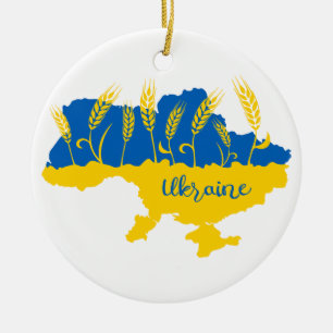 Ukraine typography and wheat ear on Ukrainian flag Ceramic Ornament