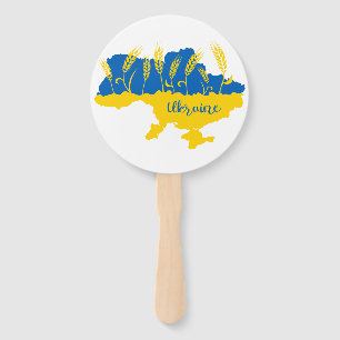 Ukraine typography and wheat ear on Ukrainian flag Hand Fan