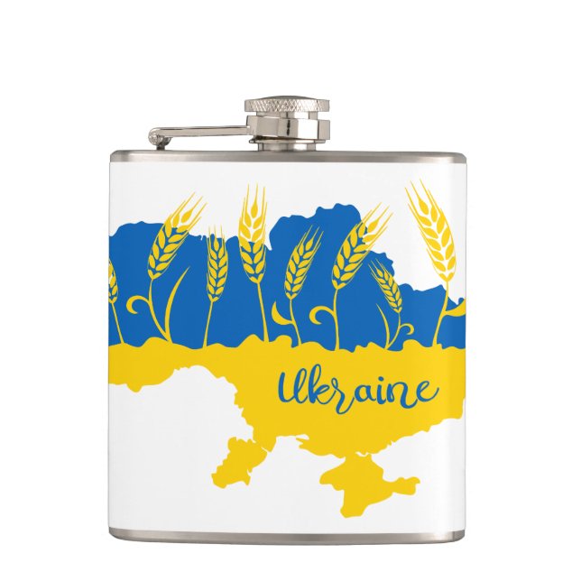 Ukraine typography and wheat ear on Ukrainian flag Hip Flask (Front)