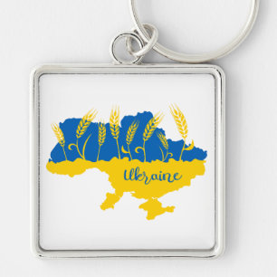 Ukraine typography and wheat ear on Ukrainian flag Keychain