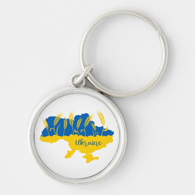 Ukraine typography and wheat ear on Ukrainian flag Keychain (Front)