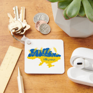 Ukraine typography and wheat ear on Ukrainian flag Keychain