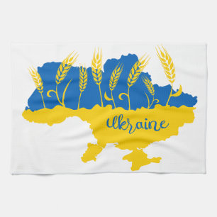 Ukraine typography and wheat ear on Ukrainian flag Kitchen Towel