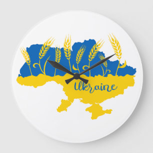 Ukraine typography and wheat ear on Ukrainian flag Large Clock