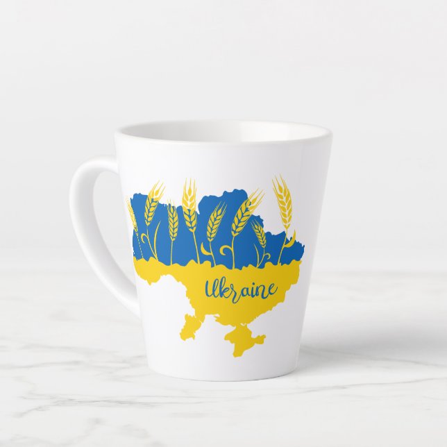 Ukraine typography and wheat ear on Ukrainian flag Latte Mug (Left Angle)