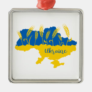 Ukraine typography and wheat ear on Ukrainian flag Metal Ornament