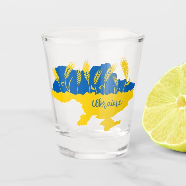 Ukraine typography and wheat ear on Ukrainian flag Shot Glass (Front)