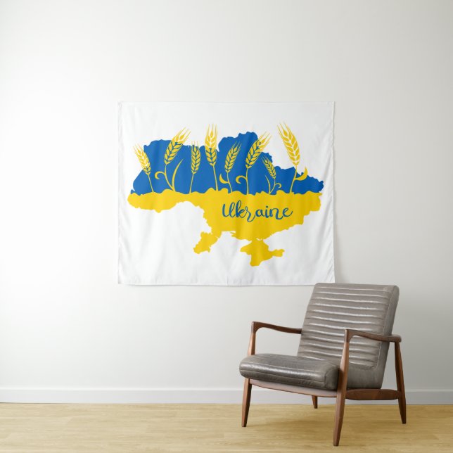 Ukraine typography and wheat ear on Ukrainian flag Tapestry (In Situ (Horizontal))