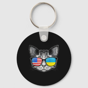 Ukraine Us Flag Roots Cat Ukrainian American Keychain