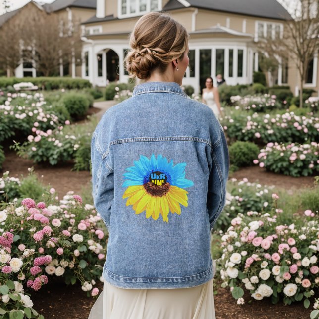 Ukraine watercolor sunflower blue yellow flag denim jacket (Wedding Back)