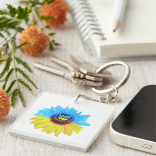 Ukraine watercolor sunflower blue yellow flag keychain
