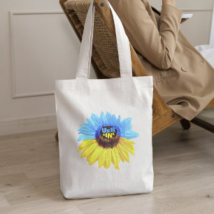Ukraine watercolor sunflower blue yellow flag tote bag