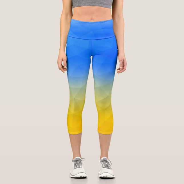 Ukraine yellow blue geometric mesh pattern capri leggings (Front)