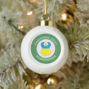 Ukrainian Angel Christmas Flag Personalized Text Ceramic Ball Christmas Ornament