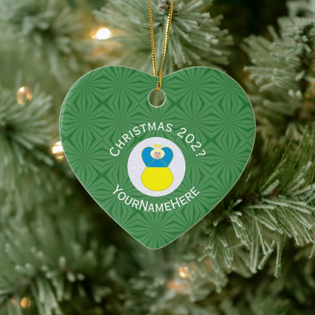 Ukrainian Angel Christmas Flag Personalized Text  Ceramic Ornament (Tree)