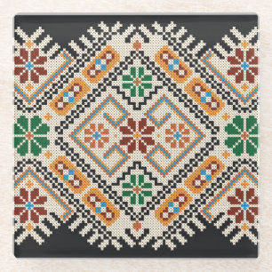 Ukrainian Cross-Stitch: Ethnic Handmade Pattern. Glass Coaster