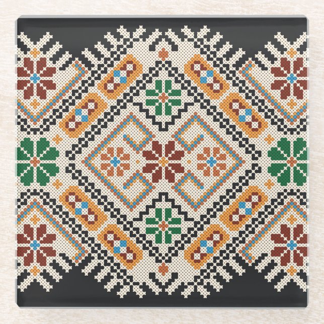 Ukrainian Cross-Stitch: Ethnic Handmade Pattern. Glass Coaster (Front)