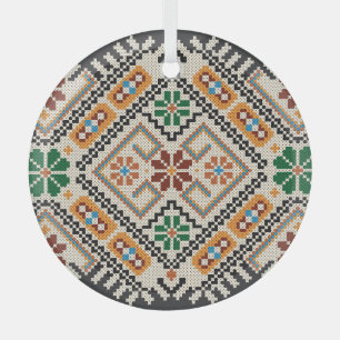 Ukrainian Cross-Stitch: Ethnic Handmade Pattern. Glass Ornament