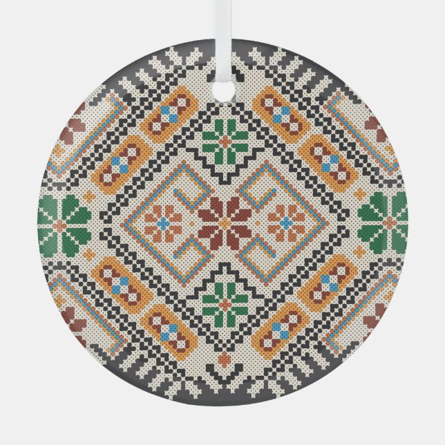 Ukrainian Cross-Stitch: Ethnic Handmade Pattern. Glass Ornament (Front)