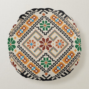 Ukrainian Cross-Stitch: Ethnic Handmade Pattern. Round Pillow