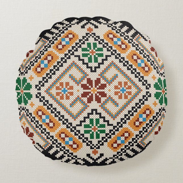 Ukrainian Cross-Stitch: Ethnic Handmade Pattern. Round Pillow (Front)