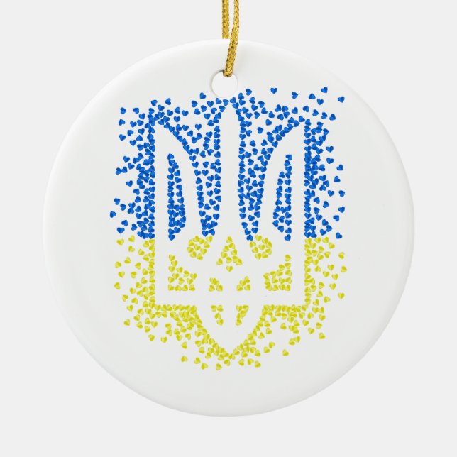 Ukrainian emblem trident tryzub scattering hearts ceramic ornament (Front)