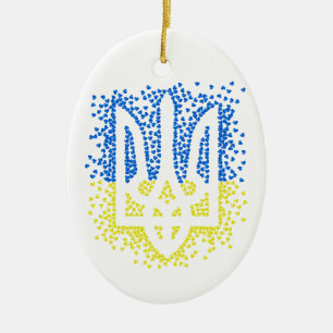 Ukrainian emblem trident tryzub scattering hearts ceramic ornament