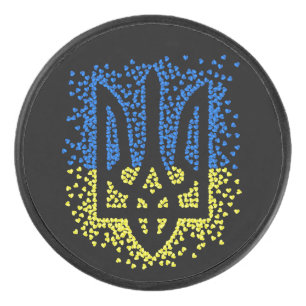 Ukrainian emblem trident tryzub scattering hearts hockey puck